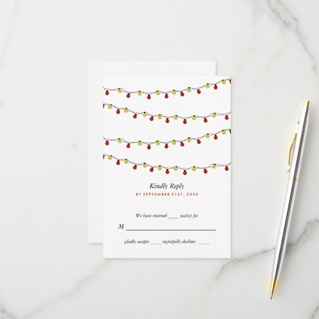 Modern String Lights, Red & Gold Wedding RSVP Card (Front/Back In Situ)