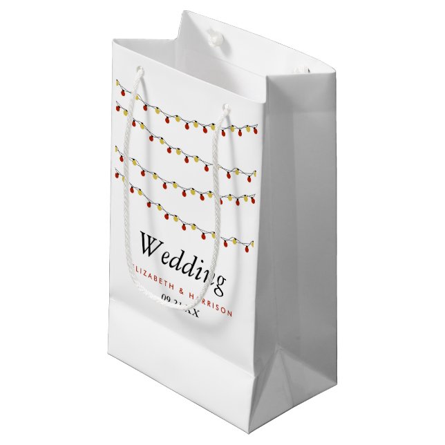 Modern String Lights, Red & Gold Wedding Small Gift Bag (Front Angled)