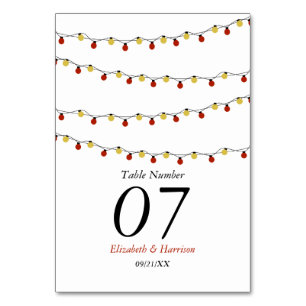 Modern String Lights, Red & Gold Wedding Table Number