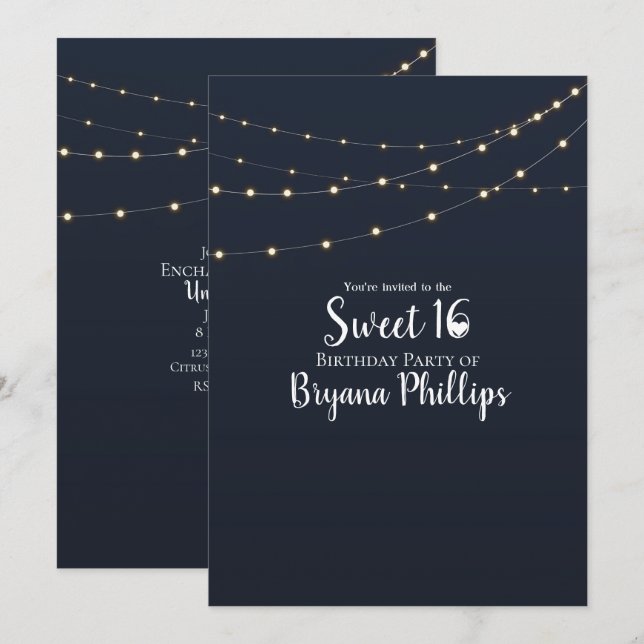 Modern String Lights Simple Rustic Sweet 16 Party Invitation (Front/Back)