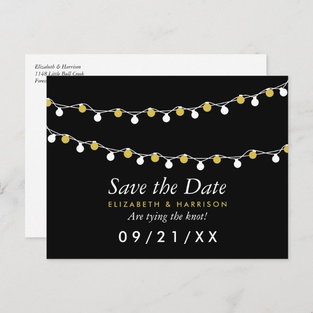 Modern String Lights, White & Gold Save the Date Announcement Postcard (Front/Back)