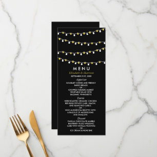 Modern String Lights, White & Gold Wedding Menu