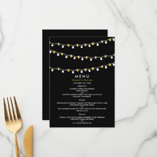 Modern String Lights, White & Gold Wedding Menu