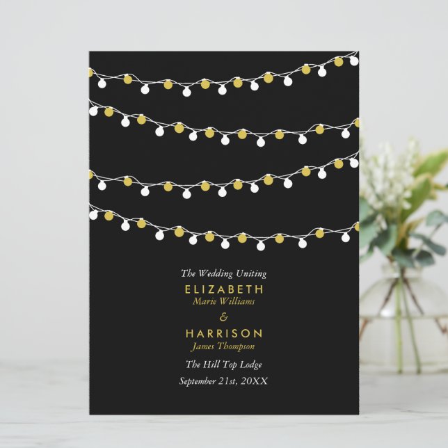 Modern String Lights, White & Gold Wedding Program (Standing Front)