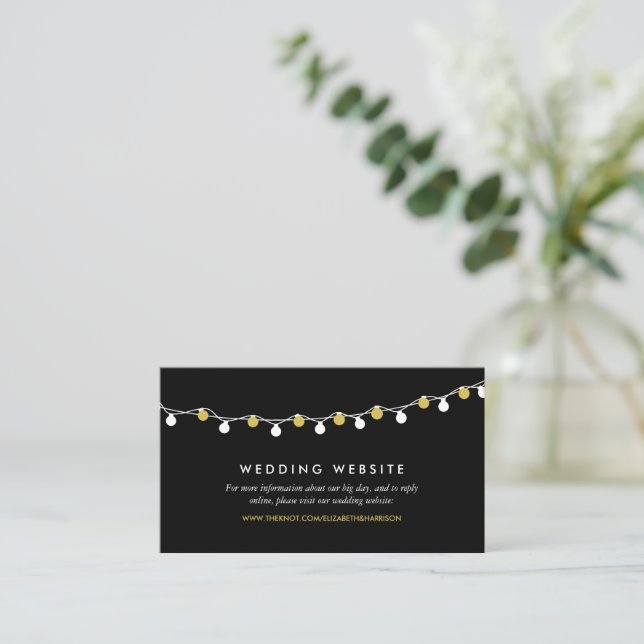 Modern String Lights, White & Gold Wedding Website Enclosure Card (Standing Front)