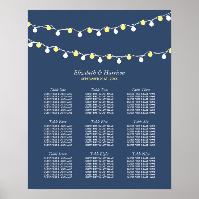 Modern String Lights, Yellow & White Seating Chart (Front)