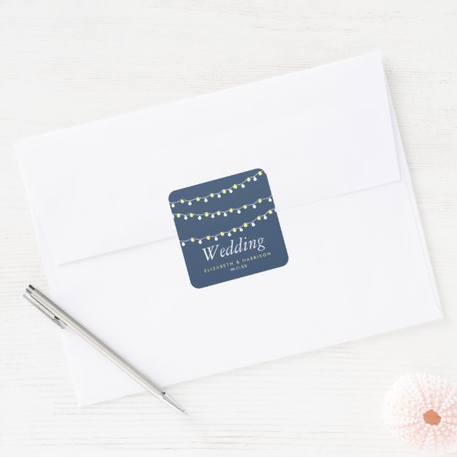 Modern String Lights, Yellow & White Wedding Square Sticker (Envelope)