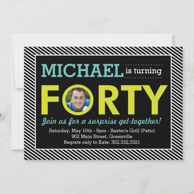 Modern Stripe 40th Birthday Photo Invitation (Front)