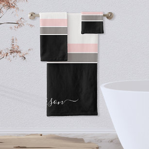Modern Stripe Black Pink Grey Monogram Bath Towel Set