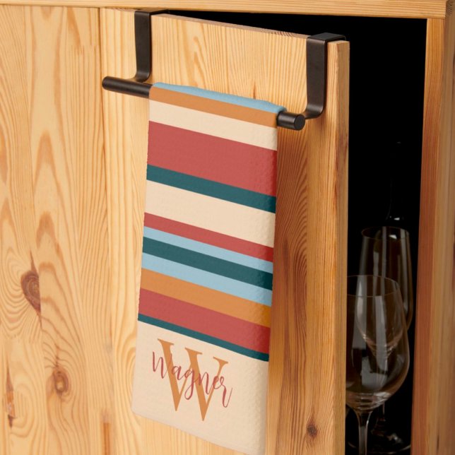 Modern Stripe Custom Monogram Initial Name Kitchen Towel (Creator Uploaded)