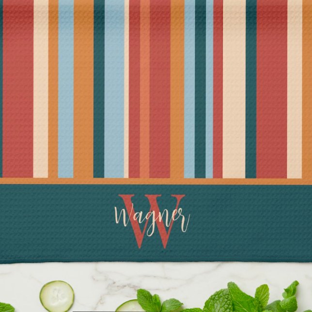 Modern Stripe Custom Monogram Initial Name Kitchen Towel (Creator Uploaded)