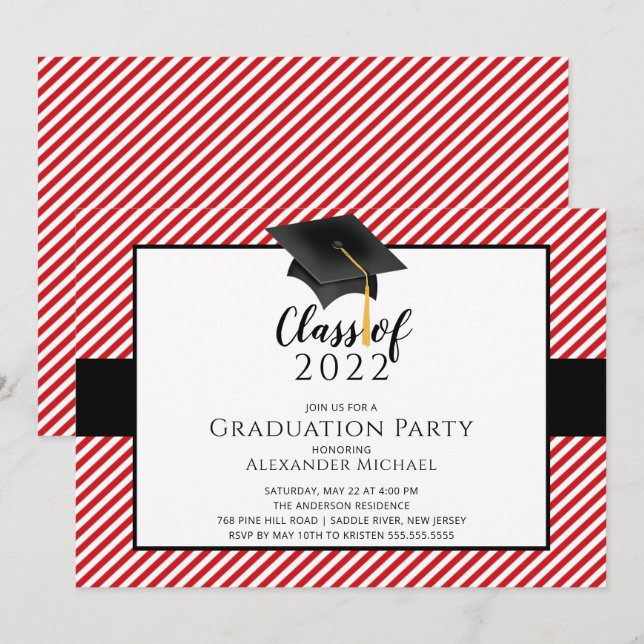 Modern Stripe Grad Cap Graduation Party  Invitatio Invitation (Front/Back)
