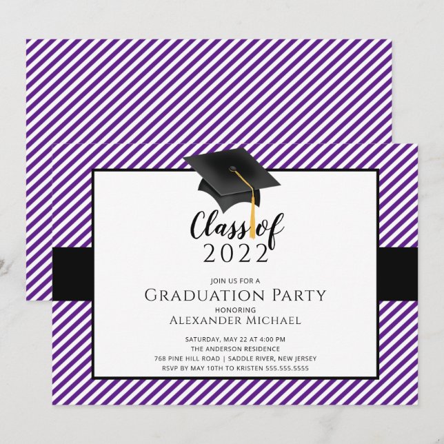 Modern Stripe Grad Cap Graduation Party  Invitatio Invitation (Front/Back)