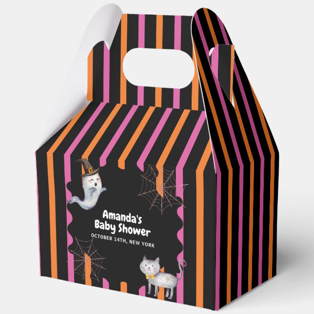 Modern Stripe Little Boo Ghost Cat Baby Shower  Favor Box (Front)