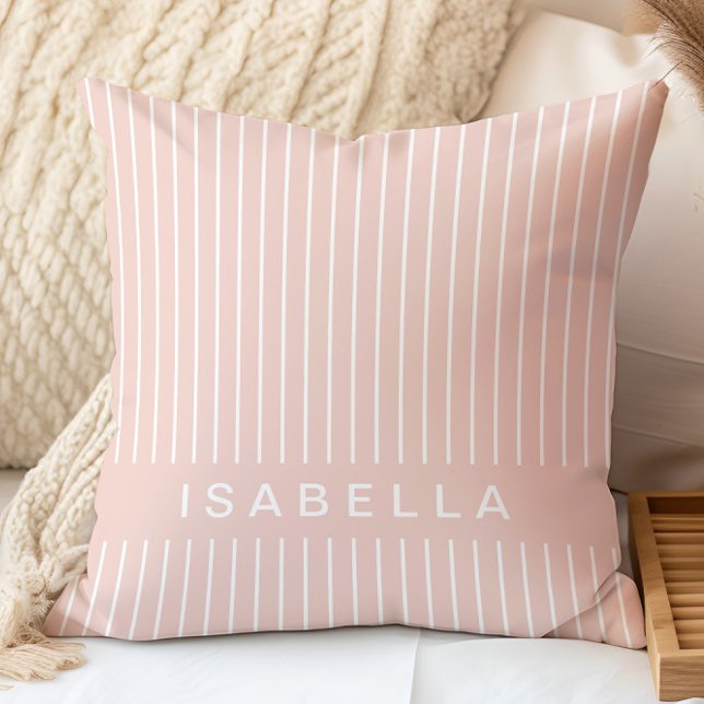 Modern Stripe Minimal Blush Pink Personalized Name Throw Pillow (Creator Uploaded)