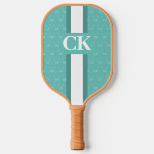 Modern Stripe Monogram w/ Designer Pattern Blue Pickleball Paddle