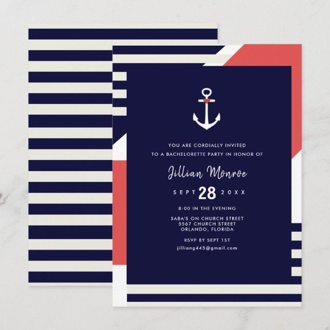 Modern Stripe Nautical Anchor Bachelorette Party Invitation (Front/Back)