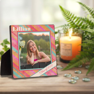 Modern Stripe Pastel Photo Name Custom Graduate Plaque
