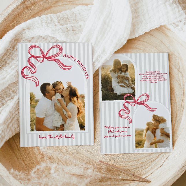 Modern Striped Arch Photo Holiday Card Red Bow (Creator Uploaded)