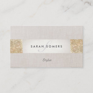 Modern Striped Beige, FAUX Gold Sequin Monogram Business Card