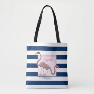 Modern Striped, Cartoon Flamingos -Personalized Tote Bag
