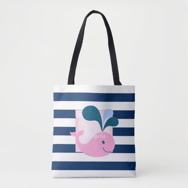 Modern Striped, Cartoon Whale -Personalized Tote Bag (Front)