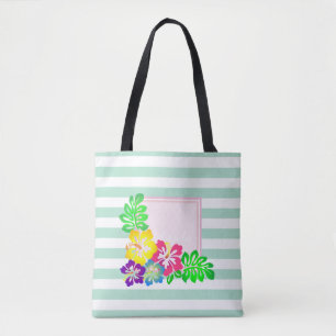 Modern Striped, Hawaii Hibiscus -Personalized Tote Bag