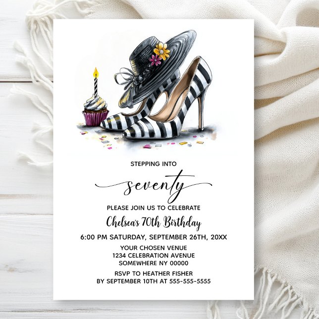 Modern Striped High Heel Shoes 70th Birthday Invitation (Creator Uploaded)