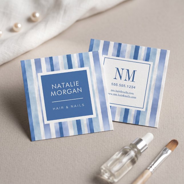 Modern Striped Monogram Design Square Business Card (Simulated business cards on table)