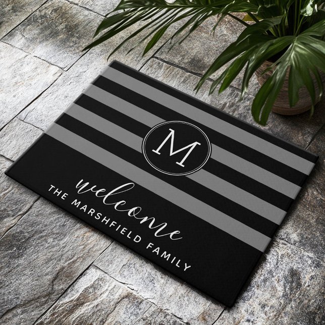 Modern Striped Pattern Family Welcome Black Grey Doormat (Monogram Welcome Mat with Family Name and Black and Grey Stripes)