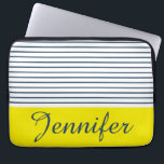 Modern striped pattern laptop sleeve<br><div class="desc">Modern white,  blue and yellow striped pattern with custom name</div>
