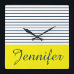 Modern striped pattern square wall clock<br><div class="desc">Modern white, blue and yellow striped pattern with custom name</div>