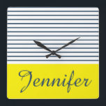 Modern striped pattern square wall clock<br><div class="desc">Modern white, blue and yellow striped pattern with custom name</div>