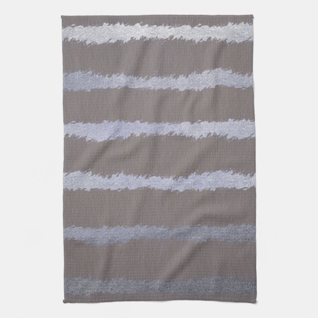 Modern striped silver and grey taupe metallic look kitchen towel (Vertical)