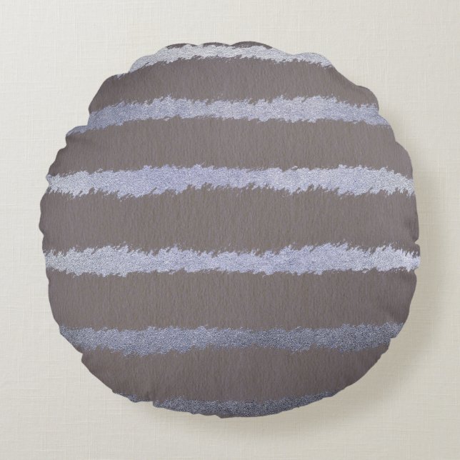 Modern striped silver and grey taupe metallic look round pillow (Front)