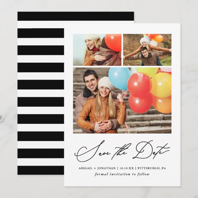 Modern Striped Three Photo Hand Lettered Save The Date (Front/Back)