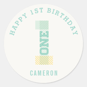 Modern Stripes Big Number ONE 1st Birthday Party Classic Round Sticker