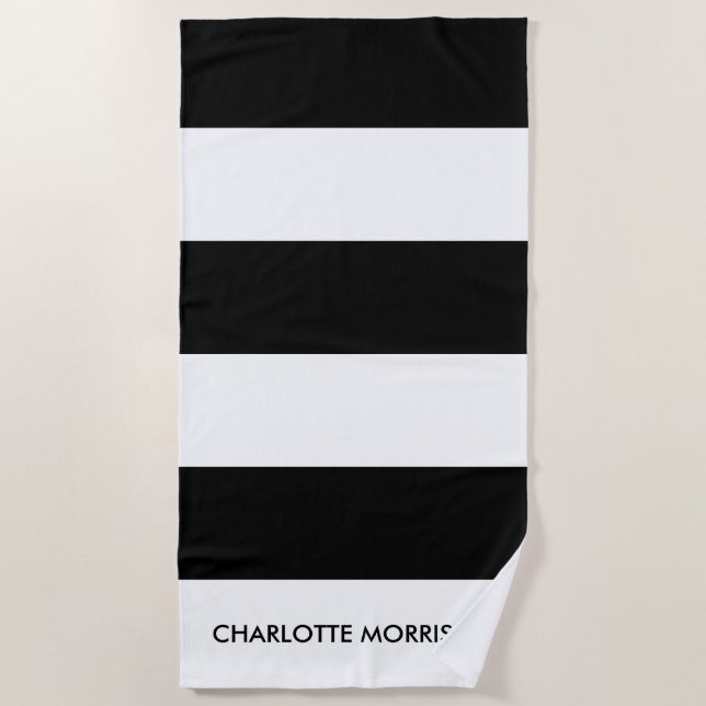 Modern stripes black and white name monogram beach towel (Front)