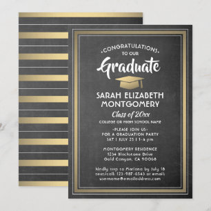 Modern Stripes Black Chalkboard & Gold Graduation Invitation
