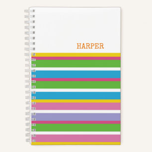 Modern Stripes Bright Colours NAME Hip Preppy Fun Notebook