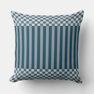 Modern Stripes & Chequered Pattern Blue Throw Pillow