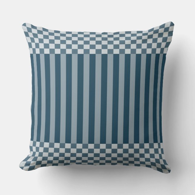 Modern Stripes & Chequered Pattern Blue Throw Pillow (Front)