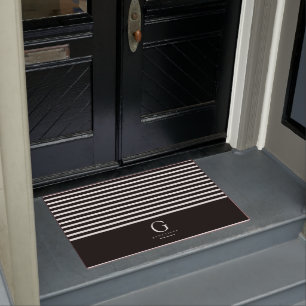 Modern Stripes Chic Monogram Black White  Doormat
