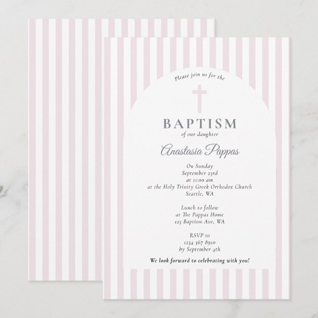 Modern Stripes Christening Baptism Blush Pink Girl Invitation (Front/Back)