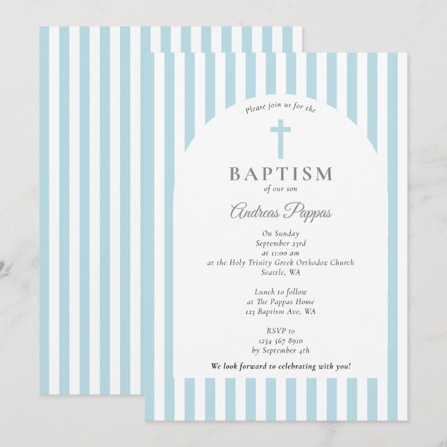 Modern Stripes Christening Baptism Dusty Blue Boy Invitation (Front/Back)