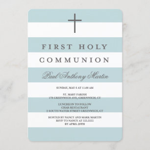 Modern Stripes First Communion Invitation Blue