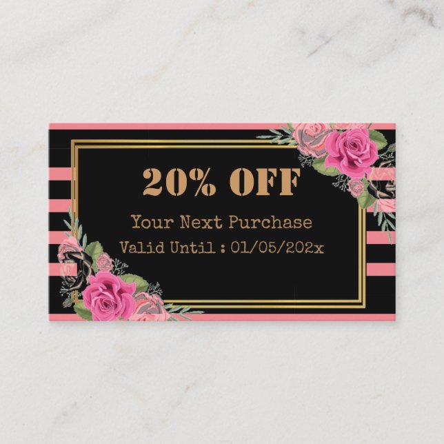 Modern Stripes Floral QR Code Discount Card (Front)