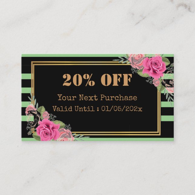 Modern Stripes Floral QR Code Discount Card (Front)