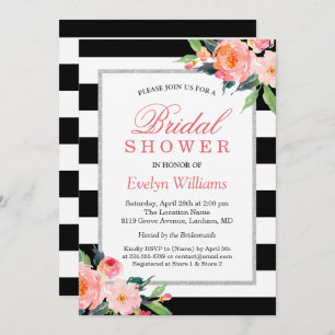 Modern Stripes Floral Silver Frame Bridal Shower Invitation