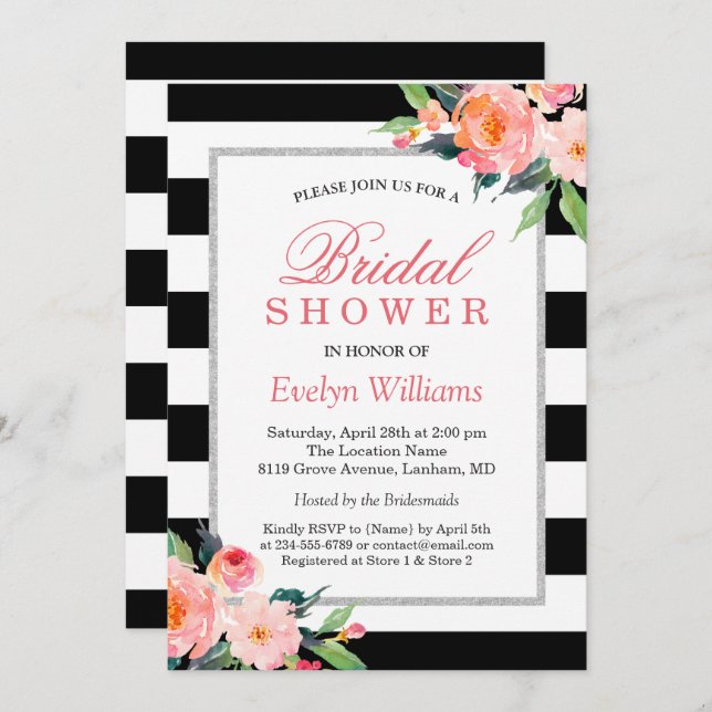 Modern Stripes Floral Silver Frame Bridal Shower Invitation (Front/Back)